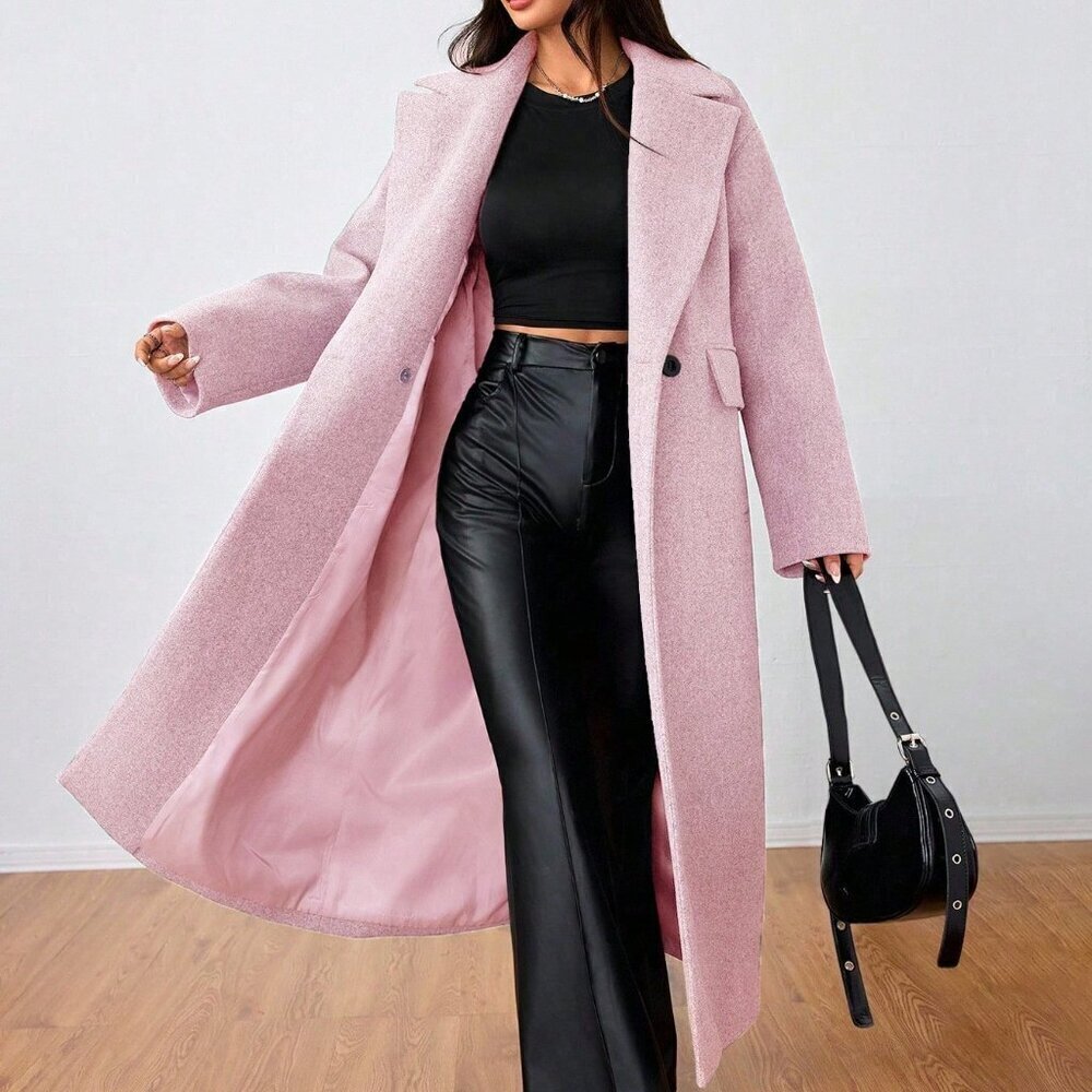 Baby Pink Casual Women's Lapel Long Coat - Picture 6 of 6